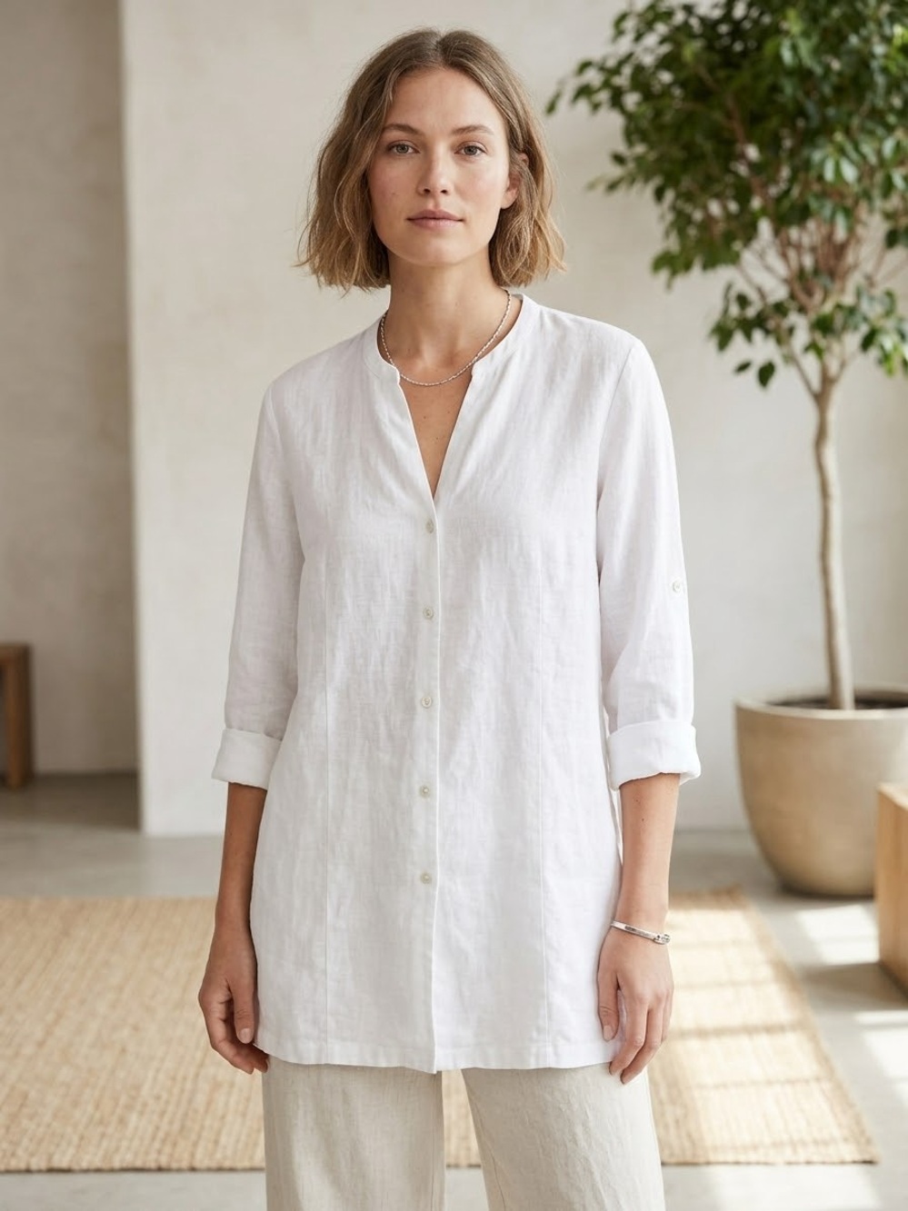 Eileen Fisher 100% Linen Tunic Long Sleeve Large White Fall Quiet Luxury Classic